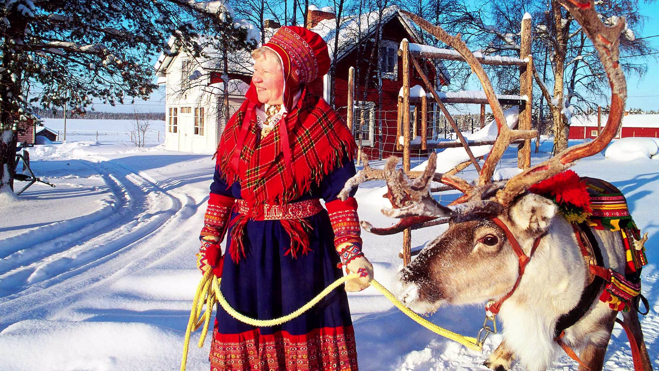Mujer del pueblo sami con traje típico rojo y azul junto a un reno en Laponia, Finlandia.